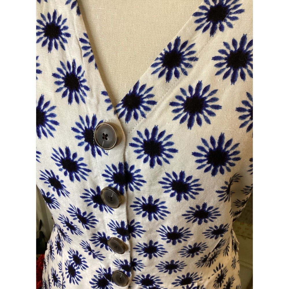 LOFT Women White Navy Blue Sunburst Floral Linen Blend Button Front Romper 8 - Picture 2 of 5